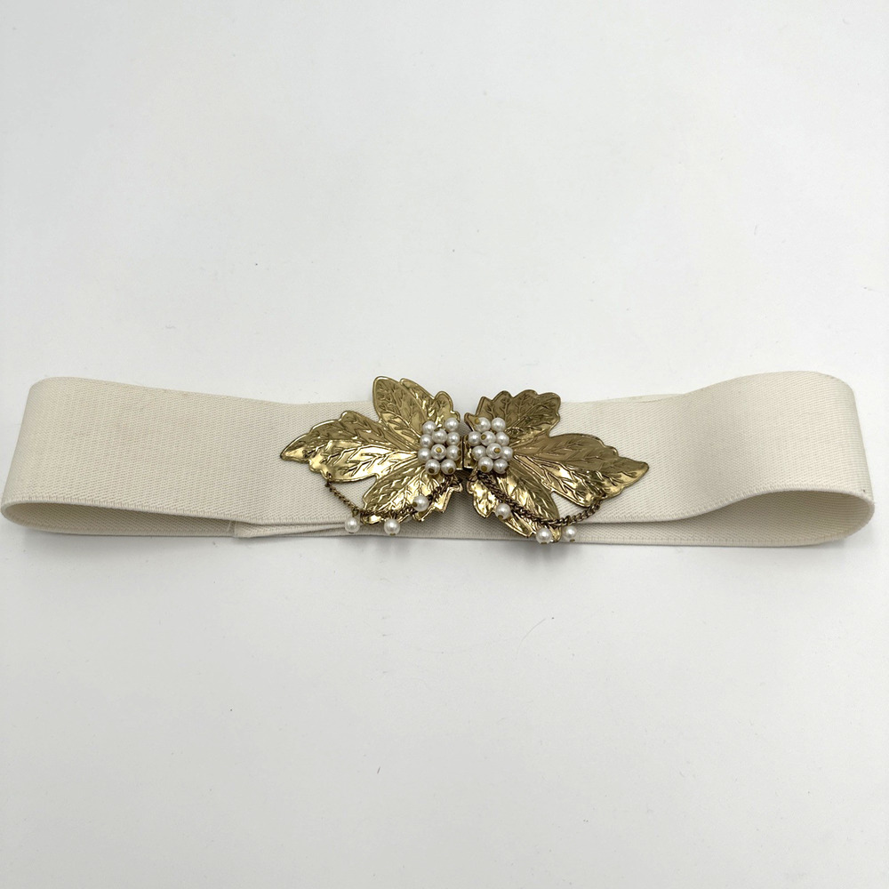 Vintage 70s/80s Gold Brass Leaf & Pearls Buckle White Elastic